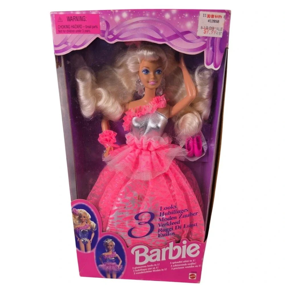 Vintage 1994 Mattel 3 Looks Barbie Doll Pink Silver Gown Ballerina 12339 NIB